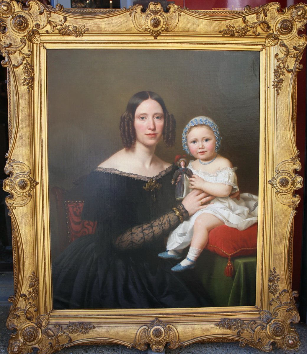 Basile De Loose 1809-1885 Portrait De Jeune Femme Et Sa Fille En 1845