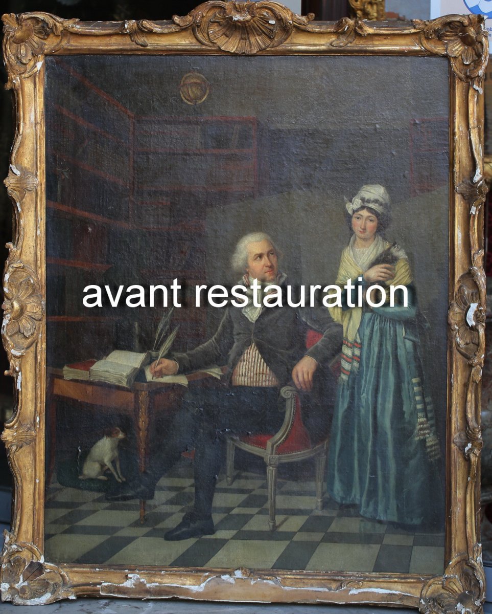 Henri Nicolas Van Gorp 1756-1819 Attribué à, Portrait d'Un Couple Dans Un Cabinet.-photo-4