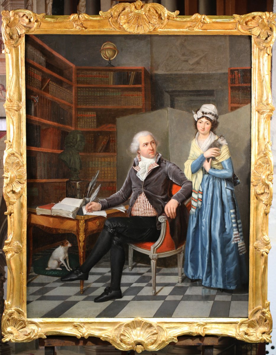 Henri Nicolas Van Gorp 1756-1819 Attribué à, Portrait d'Un Couple Dans Un Cabinet.