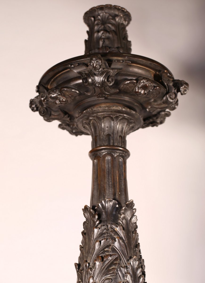 Pair Of Monumental Candlesticks In Renaissance Style, Italy Late Nineteenth Time.-photo-2