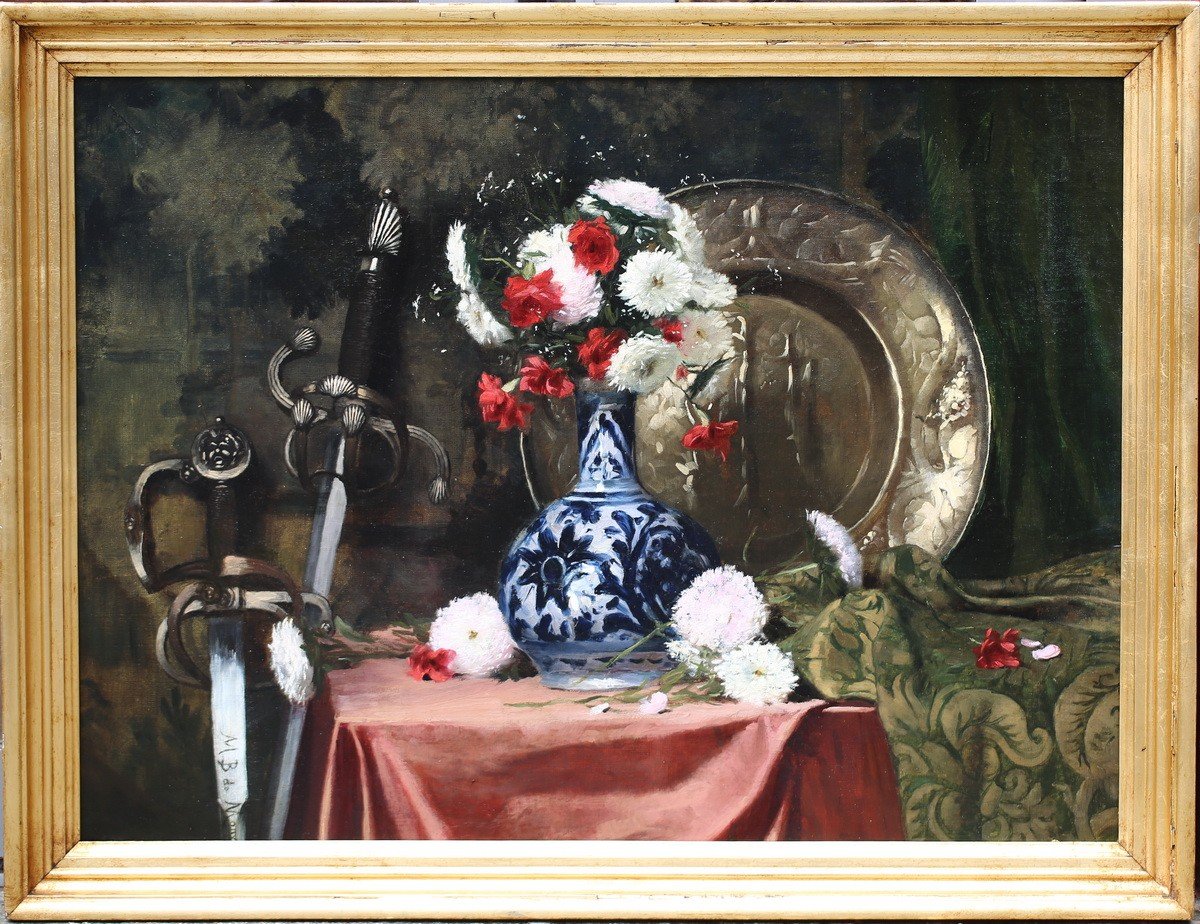 Louis-maurice Boutet De Monvel 1850-1913 Still Life Flowers Swords Copper.