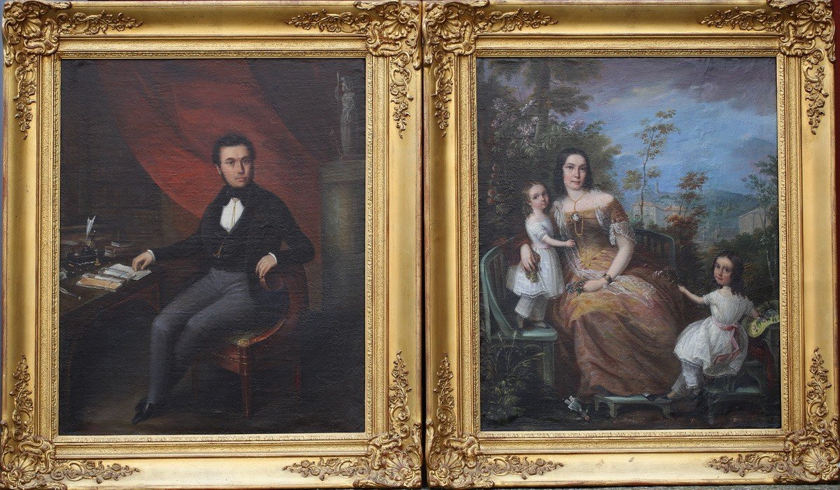 Ecole Italienne Du XIXème, Paire De Portraits De Famille.