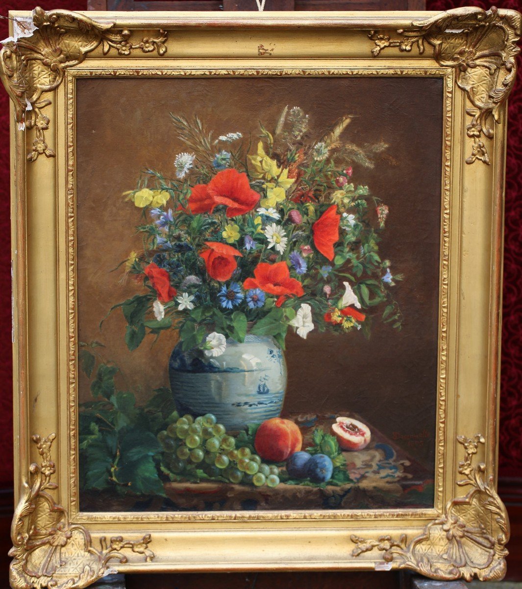 French School Of The XIX "still Life With Flowers And Fruits On An Entablature.