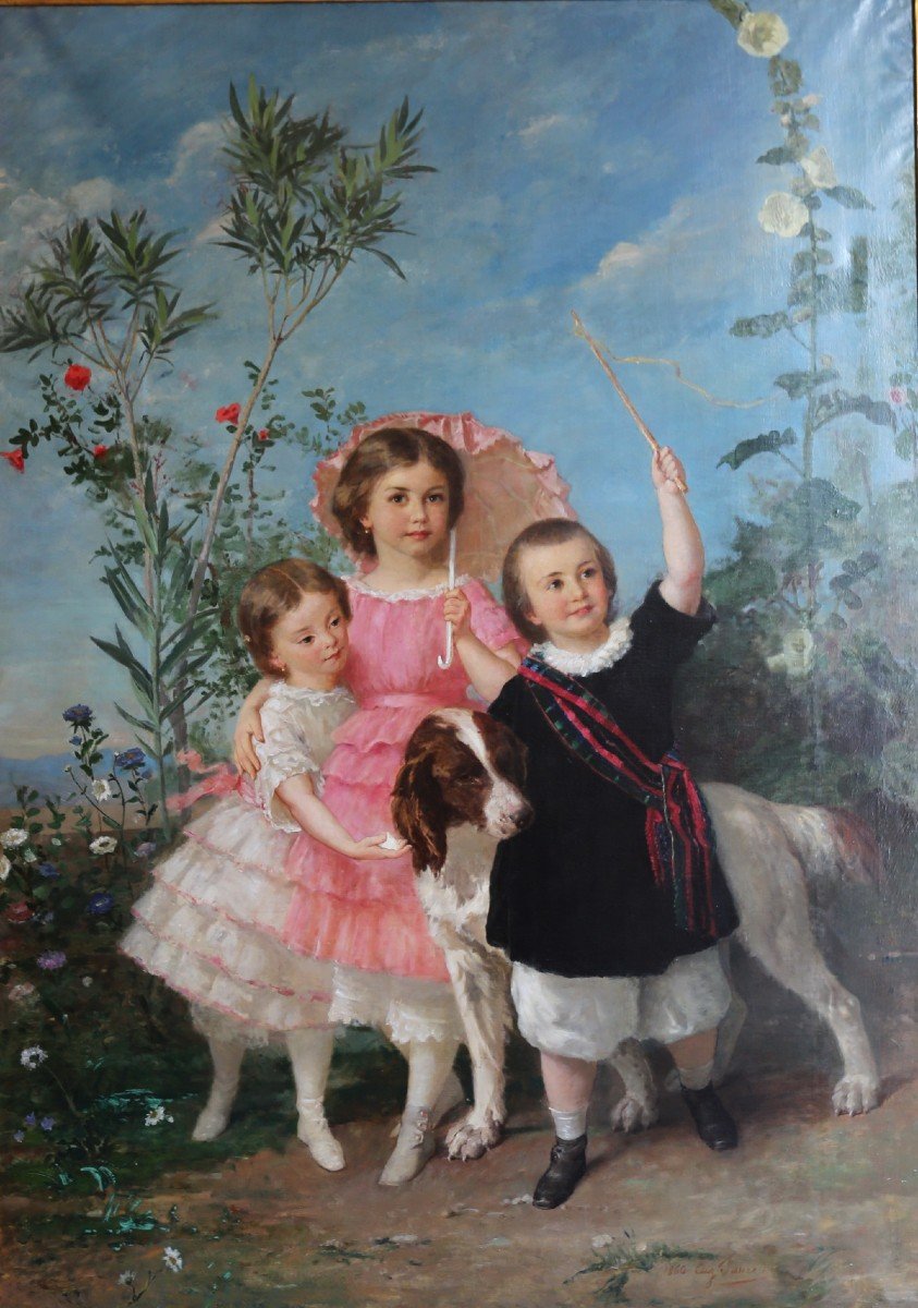 Eugène Faure 1822-1879 Les Trois Soeurs Et Leur Chien, Grande Toile.-photo-2