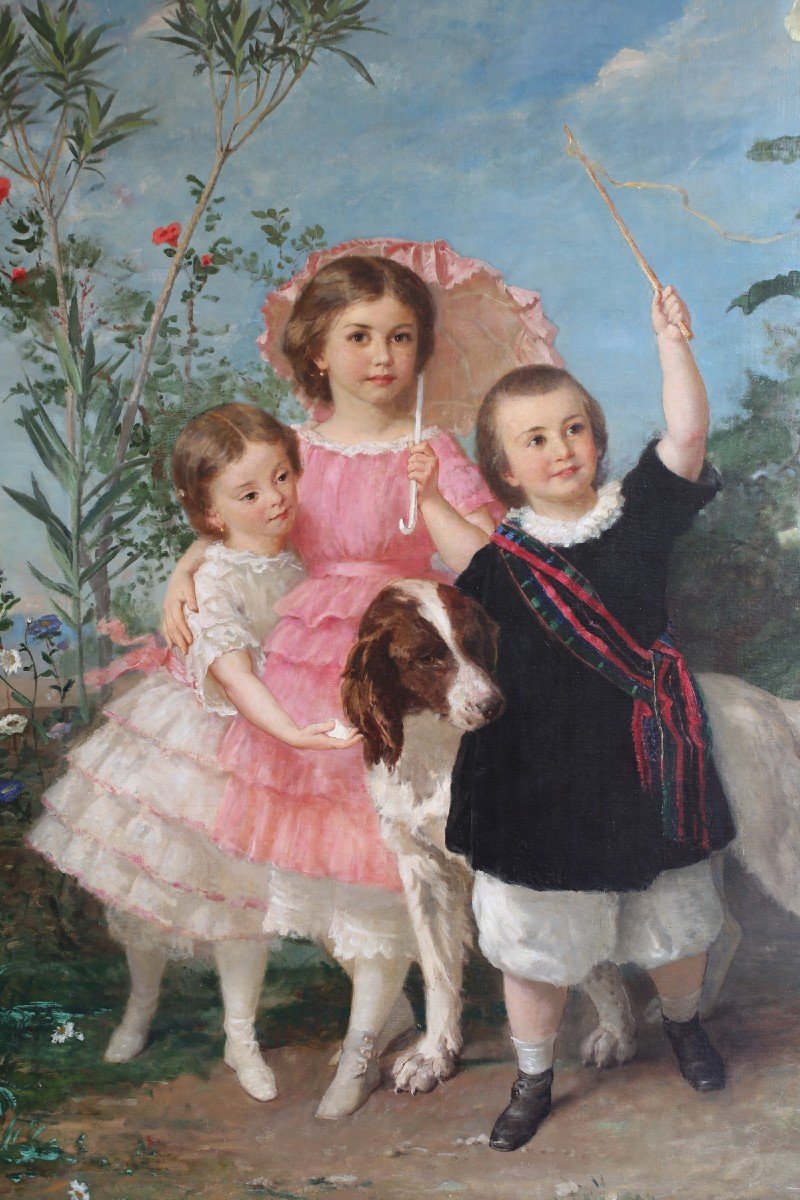 Eugène Faure 1822-1879 Les Trois Soeurs Et Leur Chien, Grande Toile.-photo-3