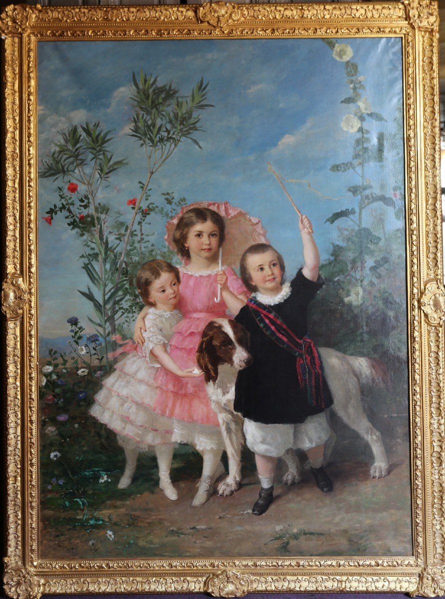 Eugène Faure 1822-1879 Les Trois Soeurs Et Leur Chien, Grande Toile.