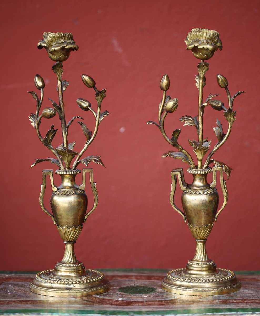 Paire De Bougeoirs Aux œillets époque Louis XVI