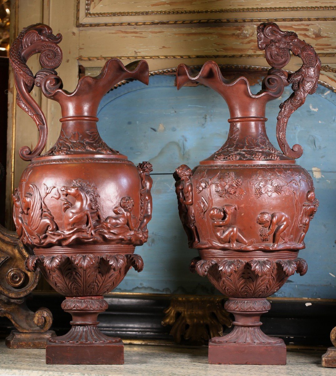 Pair Of Large Neptune Bacchus Ewers Mid XIXth.