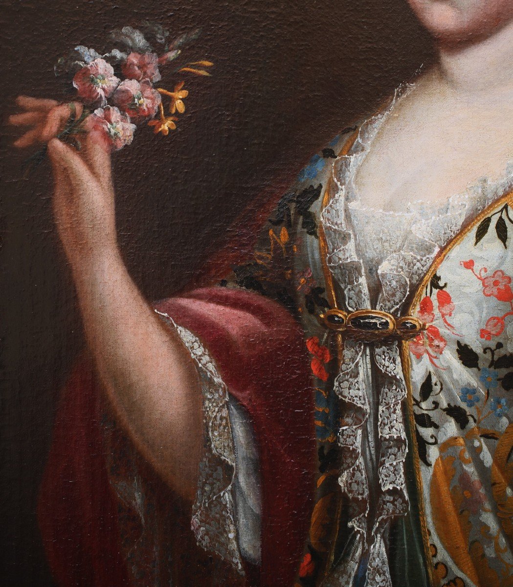 Ecole Italienne Vers 1700 , portrait de jeune femme à la robe fleurie-photo-4