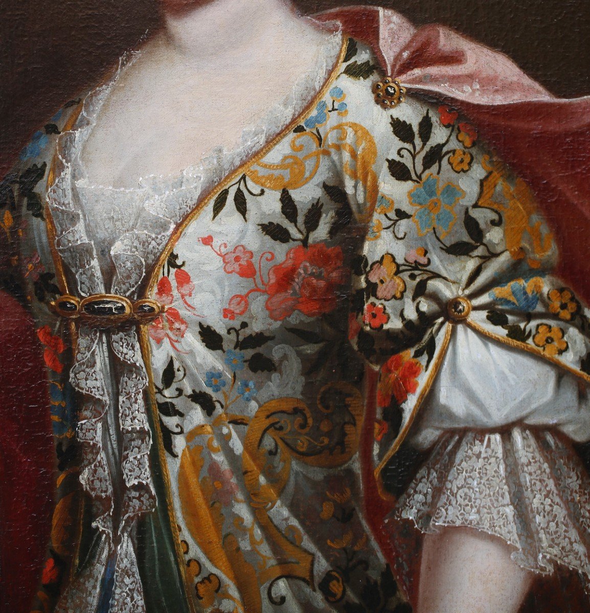 Ecole Italienne Vers 1700 , portrait de jeune femme à la robe fleurie-photo-1