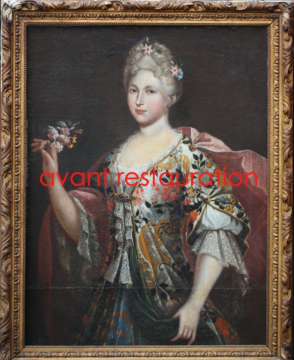 Ecole Italienne Vers 1700 , portrait de jeune femme à la robe fleurie-photo-3