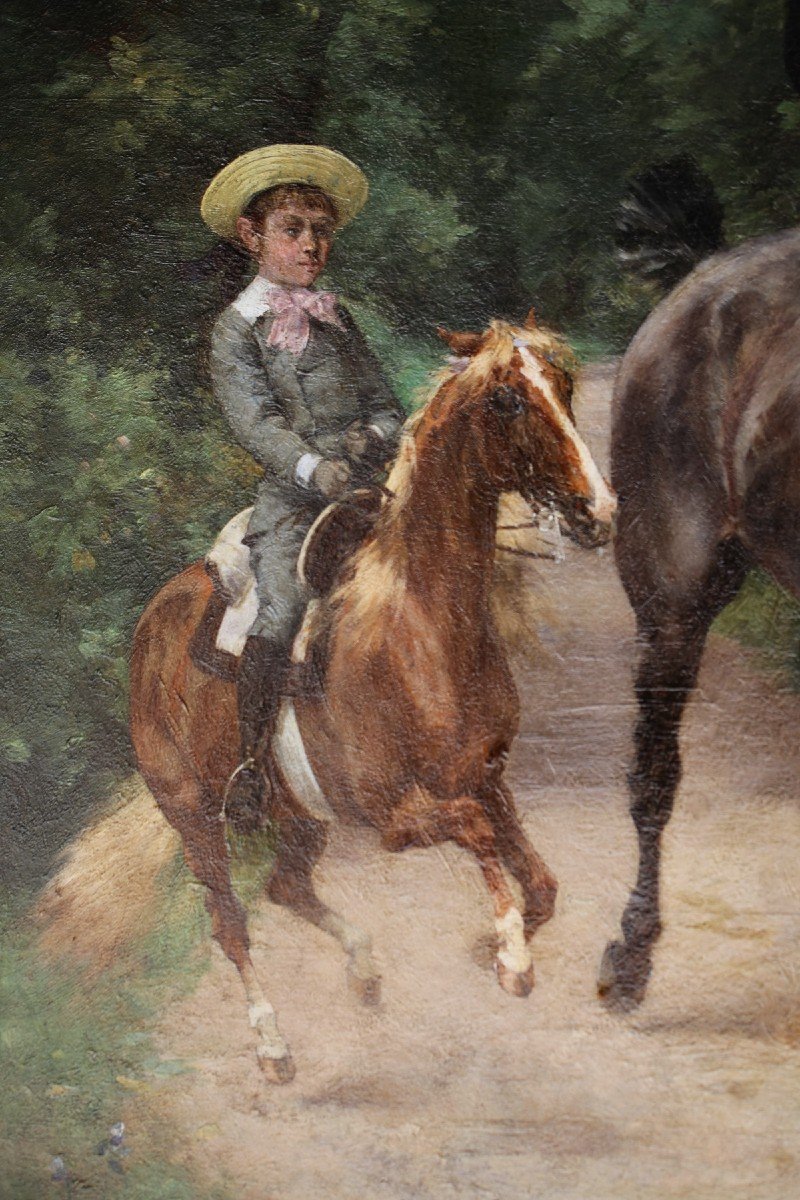 Pierre Gavarni 1846-1932, Jeune Amazone Et Son Fils à Cheval En Forêt.-photo-3