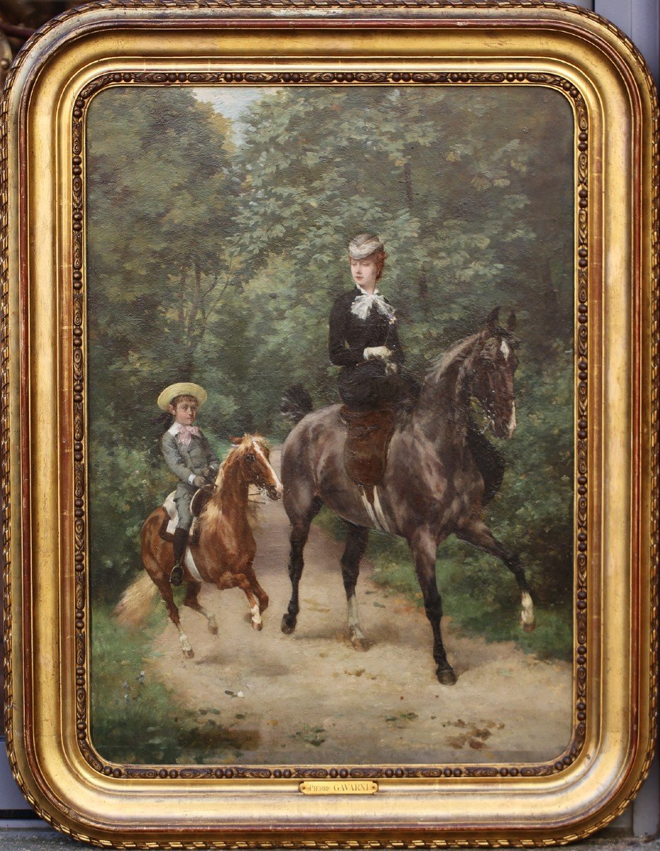 Pierre Gavarni 1846-1932, Jeune Amazone Et Son Fils à Cheval En Forêt.