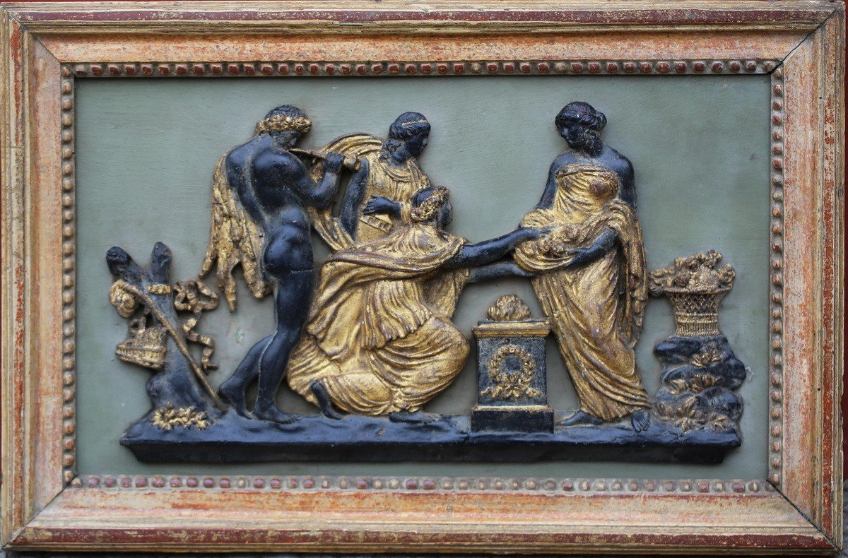 Gilded And Lacquered Carved Wood Panel, Antique Neoclassical Scene