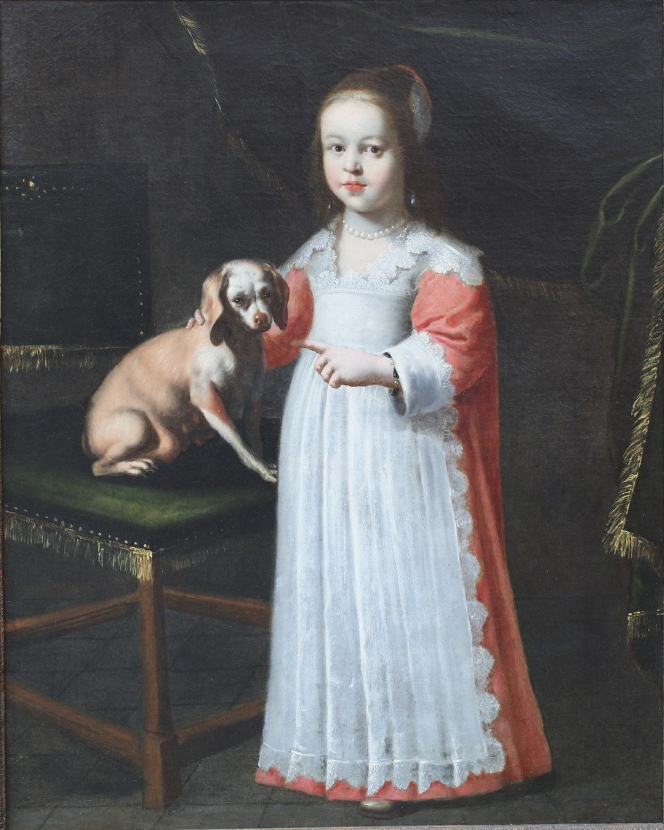 Ecole Flamande Du XVIIème siècle, Fillette Et Son Chien-photo-2