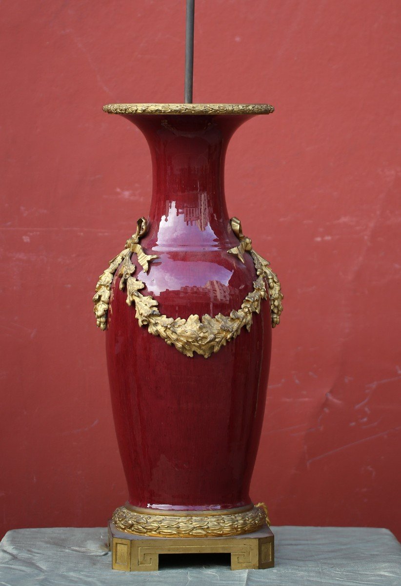 Grande Lampe Sang De Boeuf du XIXème siècle, Monture Bronze Doré-photo-2
