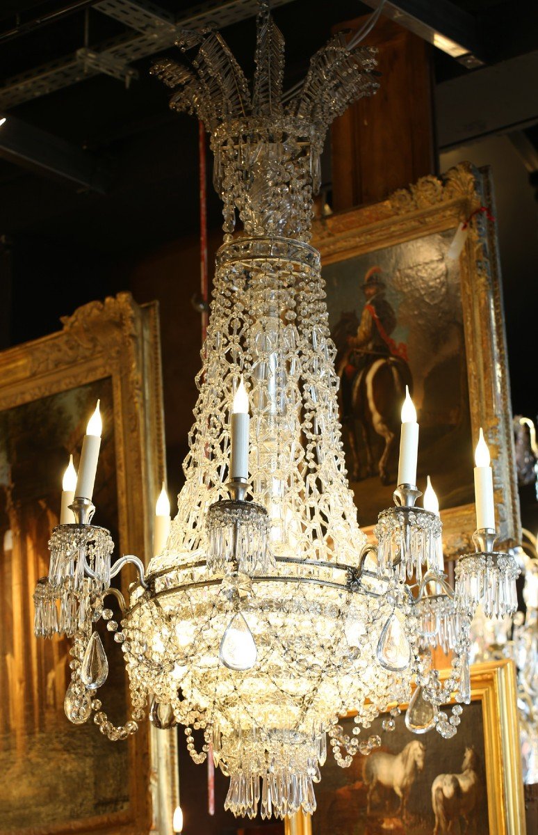 Lustre Corbeille à 8 Bras De Lumière en Bronze argenté Et Cristaux époque XIXème