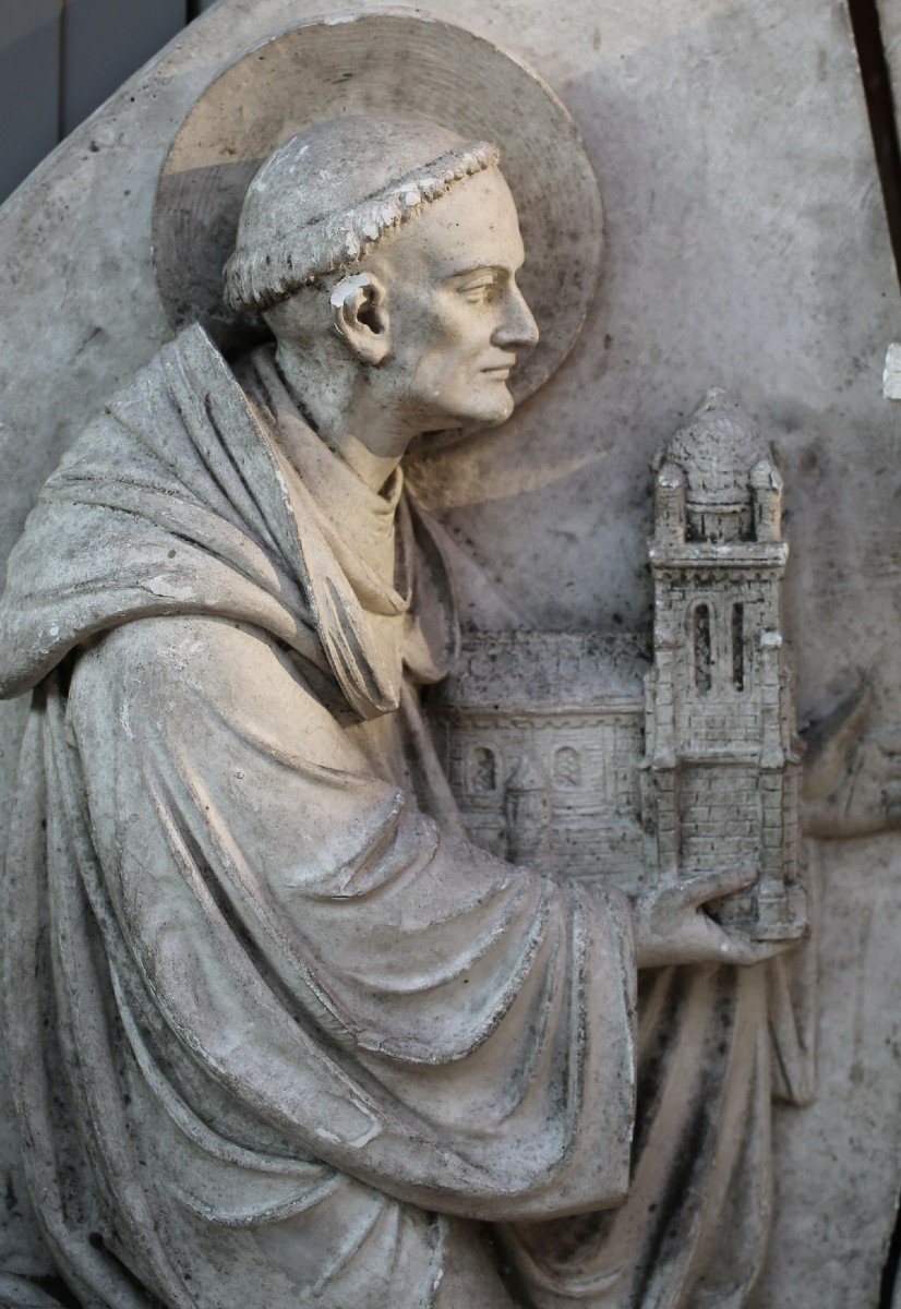 Triptych Bas Relief In Plaster Saint Peter Bishop And Donor-photo-3