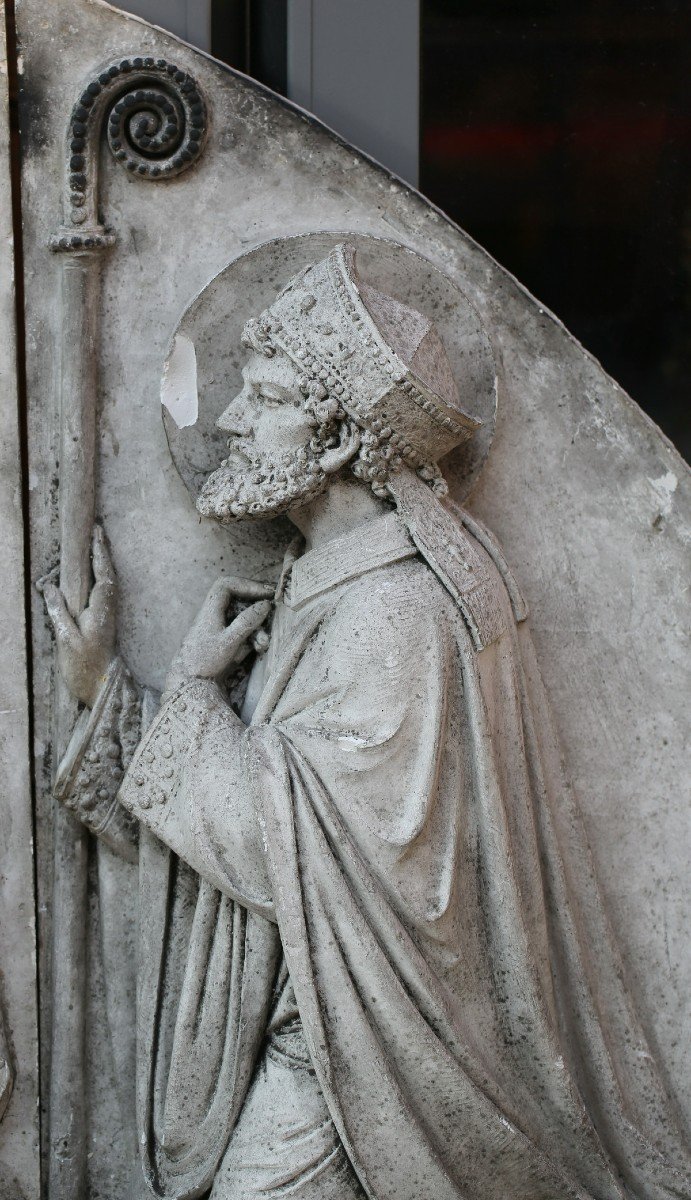 Triptych Bas Relief In Plaster Saint Peter Bishop And Donor-photo-4