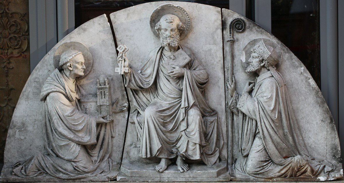 Triptych Bas Relief In Plaster Saint Peter Bishop And Donor