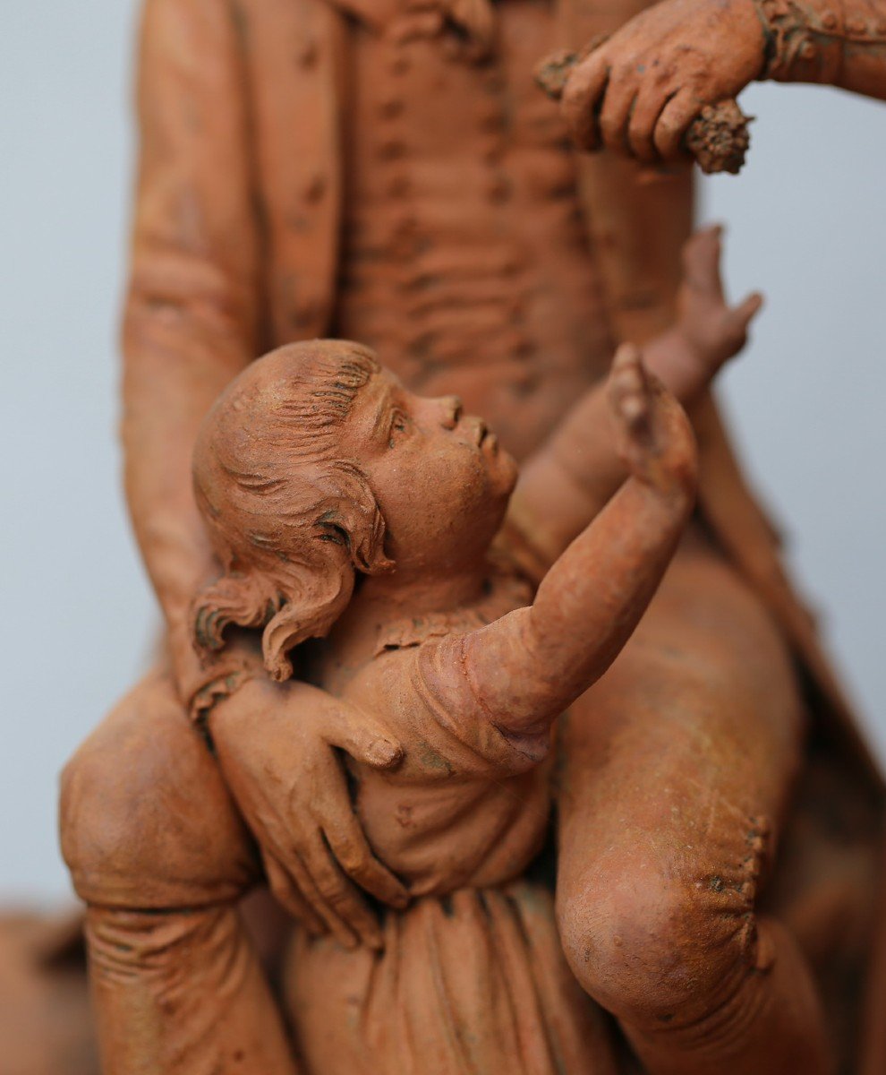 Belgian School Late 18th C., Couple With Child, Cat And  Dogs, Terracotta Signed Ficquaert Bri-photo-1