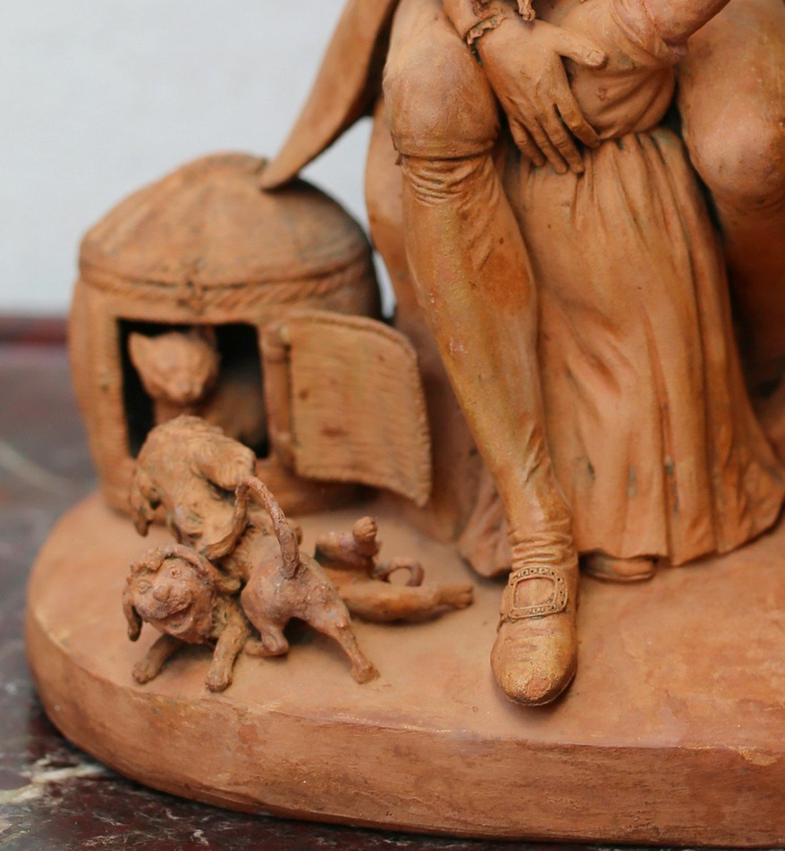 Belgian School Late 18th C., Couple With Child, Cat And  Dogs, Terracotta Signed Ficquaert Bri-photo-2