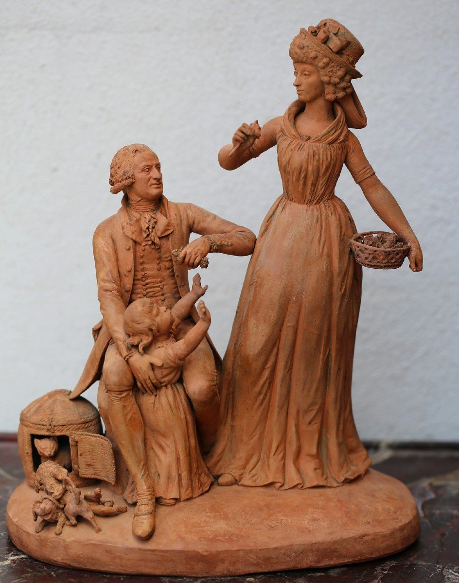 Belgian School Late 18th C., Couple With Child, Cat And  Dogs, Terracotta Signed Ficquaert Bri