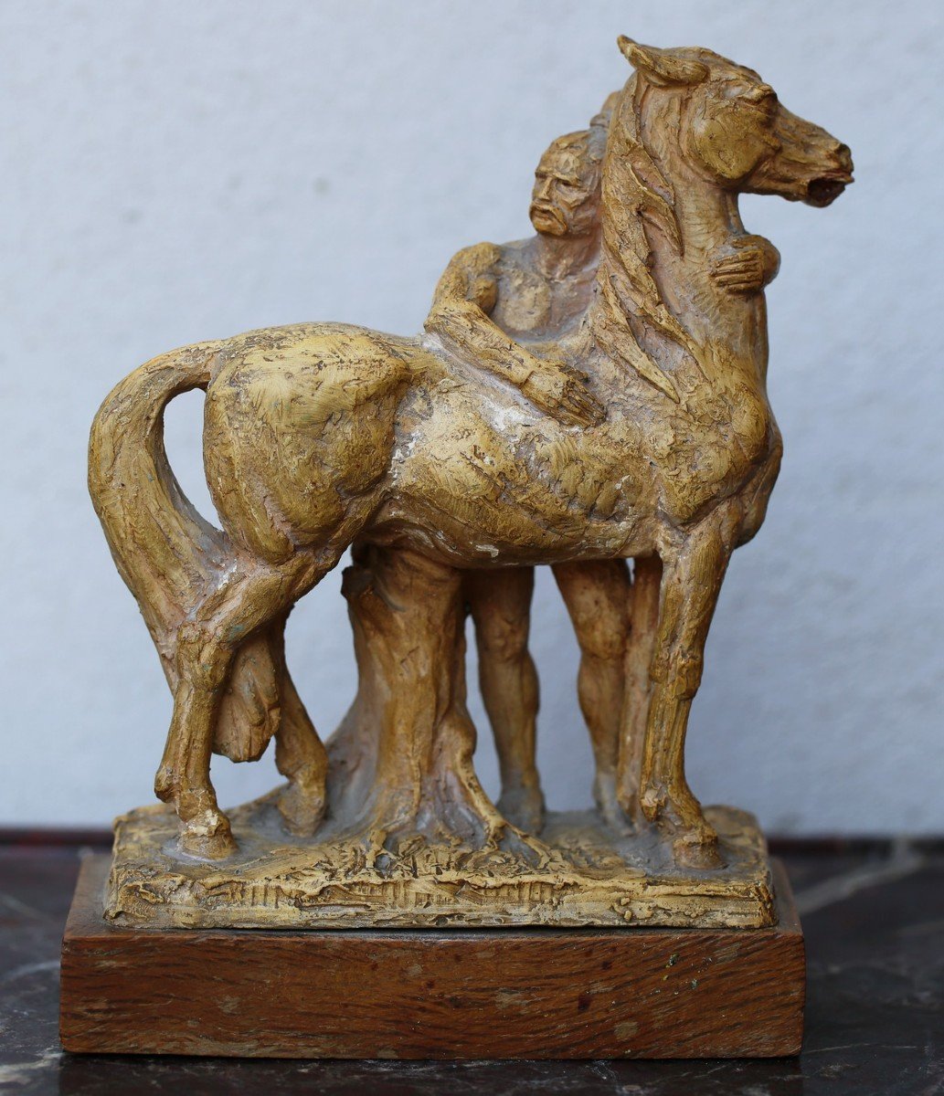 Félix Guis 1887-1972, Guerrier gaulois Et Son Cheval, épreuve En Terre Cuite