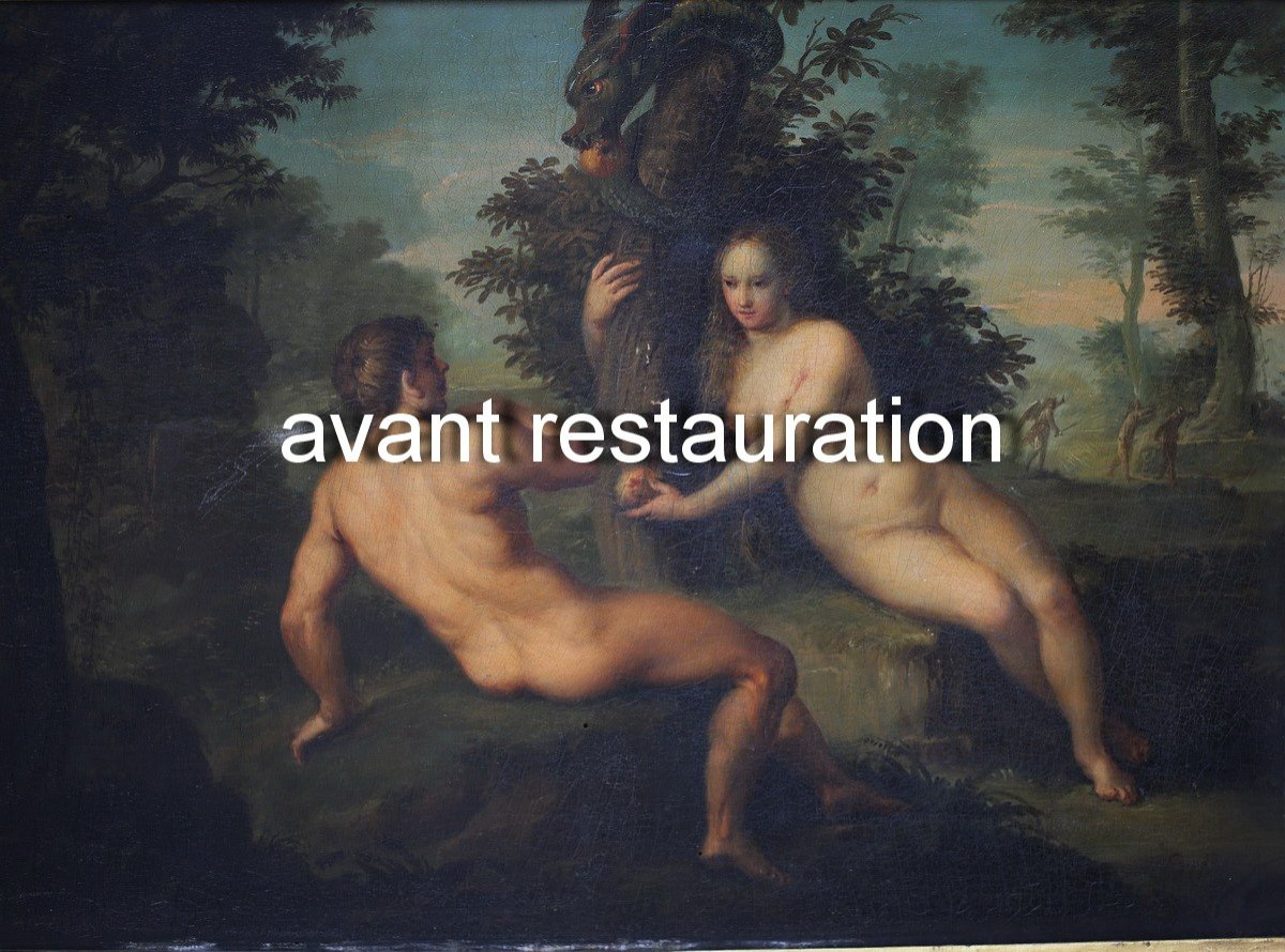 Le Corrège (d'après), Adam Et Eve, huile Sur Panneau Vers 1800-photo-1