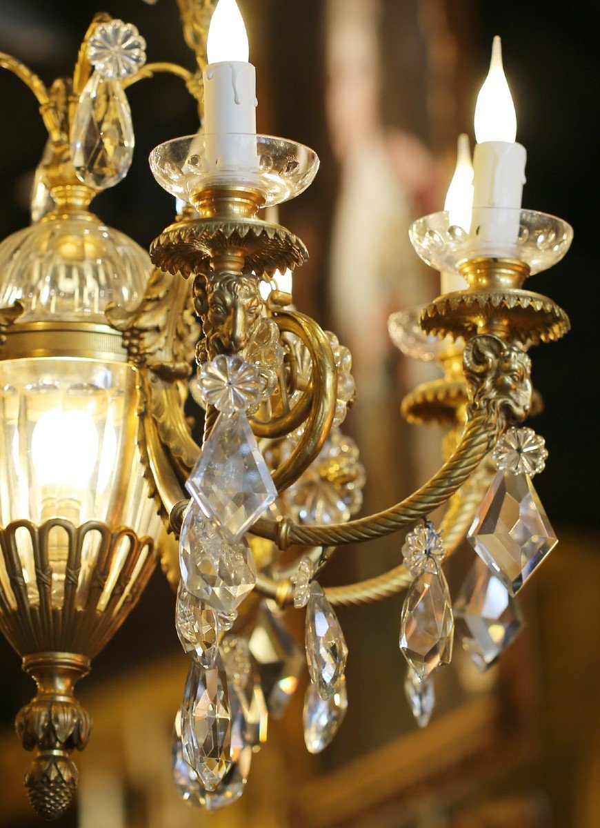 Lustre suspension d'époque fin XIXème et de style Louis XVI en bronze doré et cristal.-photo-2