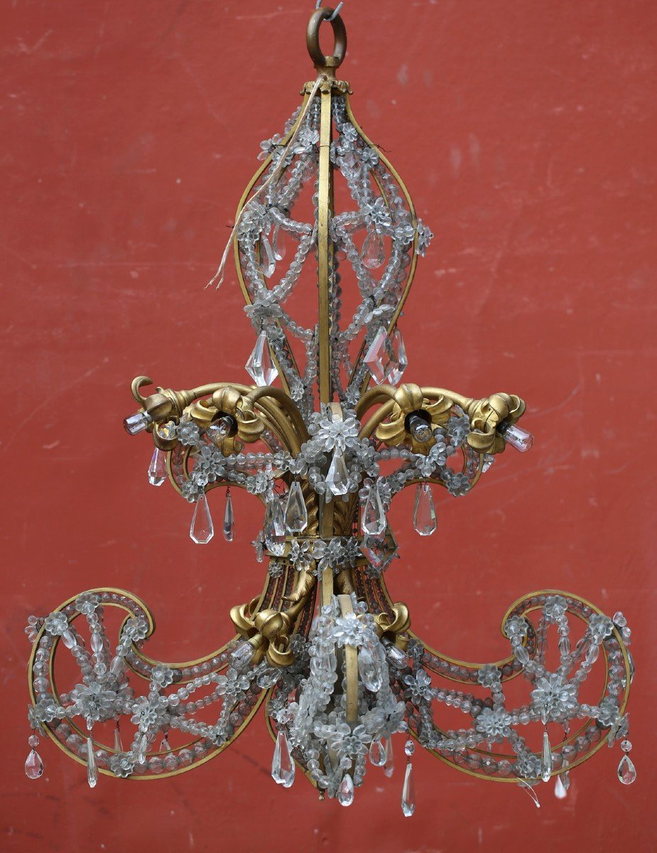 Lustre En Bronze Doré à Ailettes, Pampilles Et Perles  Circa 1900-photo-2
