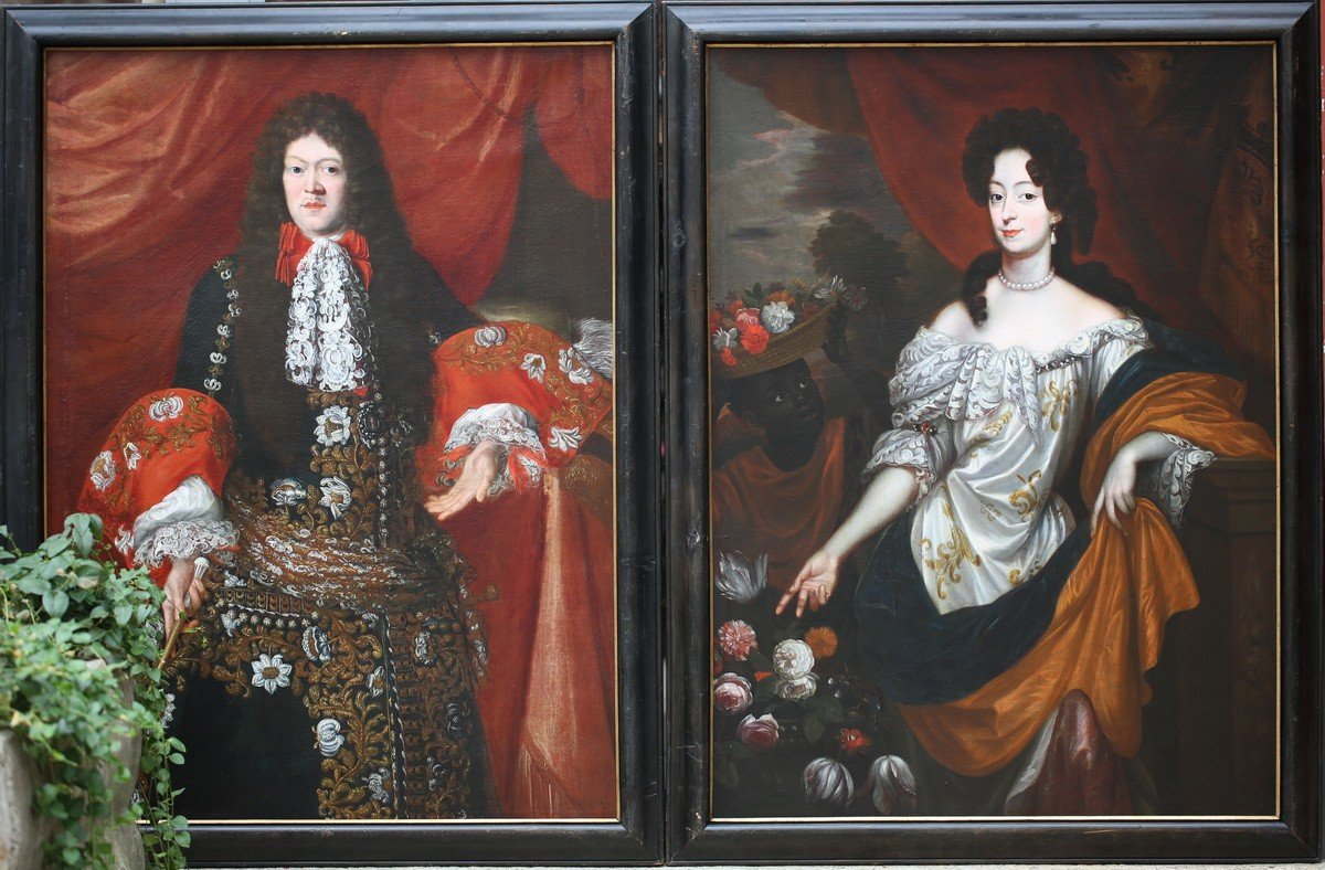 Autour De Godfrey Kneller (1646-1723), Portrait d'Homme Et Portrait De Femme Et Son Serviteur.