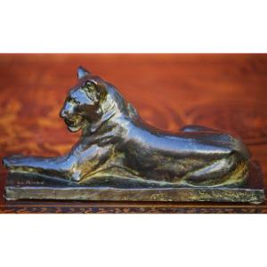 Louis Riche 1877-1949, Lying Lioness, Lost Wax Early 20th Century.