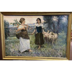 Italian School Early 20th Century, Shepherdesses And Sheep In A Landscape.