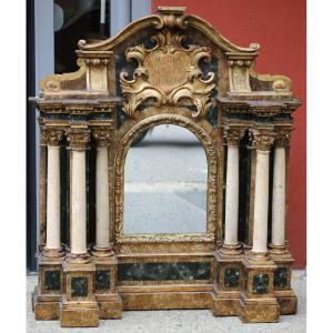 Italy XVIII Altarpiece In Lacquered Golden Wood And Marble Columns