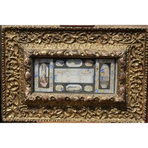 18th Century Italian School, The Holy Shroud, Gouache On Fabric In A Carved Frame