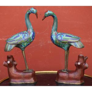 Pair Of Cloisonne Enamel Cranes On A Turquoise Background, China Late 19th Century