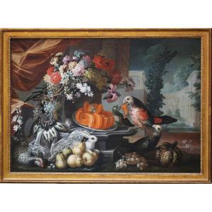 Still Life With Parrots, Pumpkins... Late 17th Century Italian School