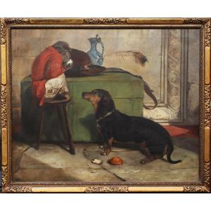  Sir Edwin Landseer 1802-1873  School Of , Dachshund Dog And Circus Monkey.