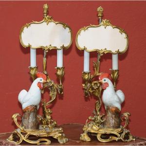 Pair Of Rocaille Style Lamps, Rooster On A Rock, Circa 1900