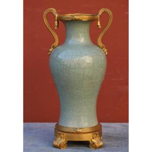 China 19th Century, Baluster Vase In Cracked Celadon Sandstone, Louis XV Style Gilt Bronze Frame