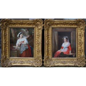 Italian School Around 1840, Young Neapolitans Pair Of Paintings On Wood.