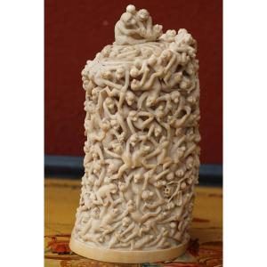 Japan Late 19th Century Ivory Covered Brush Pot Richly Carved With Monkeys.