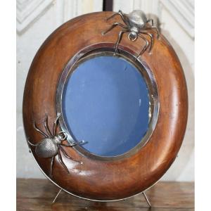 Photo Frame Circa 1940, Wood And Silver Metal, Spider Decor.