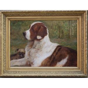 Georges Henri Fauvel XIXe-xxe, Chien Couché, Huile Sur Toile