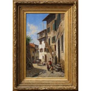 Jacques Carabain 1834-1933 Street Scene In Italy In Riva In 1885.