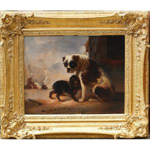 French School Of The 19th Century, S Belly 1853, Two Dogs, Oil On Panel.