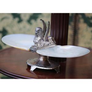 Vide Poche Style Retour d'Egypte En Argent Minerve Sphinge Ailé Et 2 Coquillages Nacre