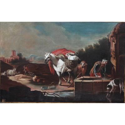 Peinture "repos Prés De La Fontaine" Vers 1700