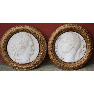 18th Century Italian School, Pair Of Profiles, Titus Flavius Dom And Tf Vespa White Marble